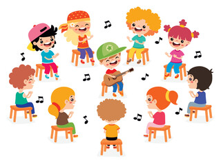 Kids Sitting In Circle And Listening Music