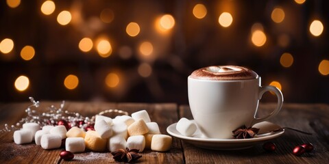 Obraz na płótnie Canvas Cozy autumn winter banner template, steaming coffee tea cup, blurred background
