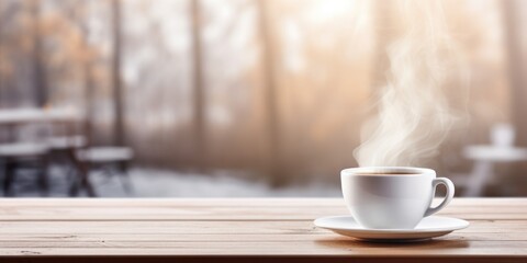 Cozy autumn winter banner template, steaming coffee tea cup, blurred background