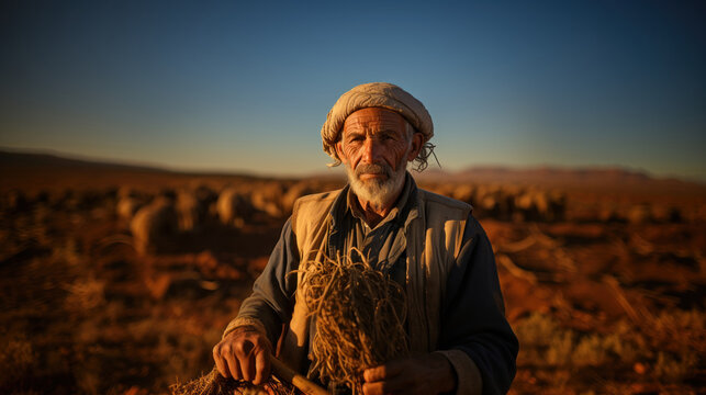 Handsome arab middle aged farmer man in the field. Generative AI.