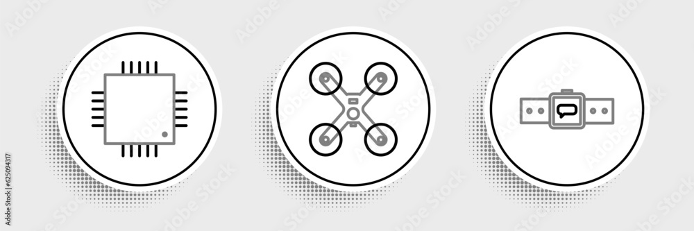 Poster set line smartwatch, processor with microcircuits cpu and drone flying icon. vector