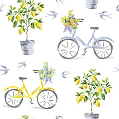 Lemon trees in the pots, bikes with flowers and swallow birds, white background. Vector seamless pattern. Cute print. Summer illustration