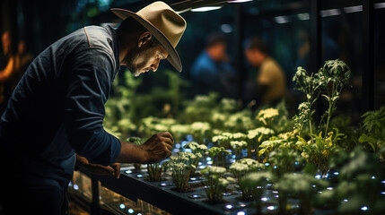 Young man working in modern smart greenhouse. Selective focus on a seedling. Future agriculture. Generative AI.