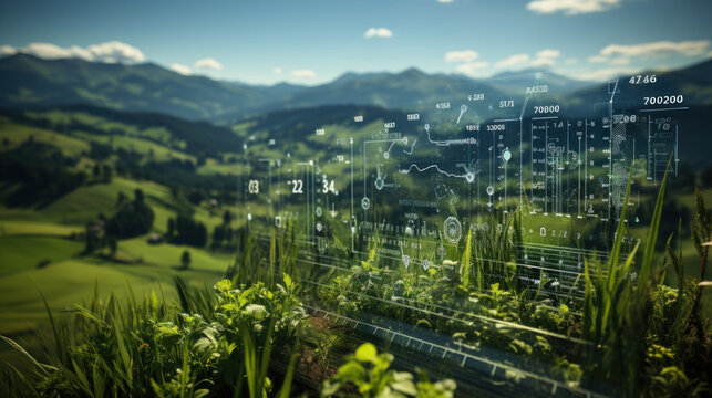 Digital composite of IOT interface against green field and mountains in background. Generative AI.