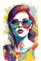 Colorful portrait of a girl in fashionable sunglasses. Cool graffiti style print for t-shirts, mugs, covers, clothes