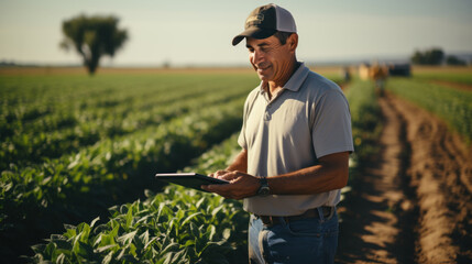 Portrait of confident male agronomist using digital tablet while standing in soybean field. Generative AI.