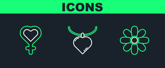 Set line Flower, Female gender symbol and Necklace with heart shaped pendant icon. Vector