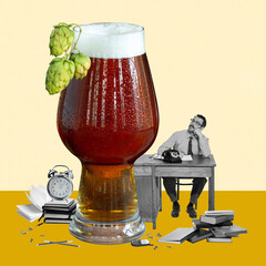 Bored and tired employee sitting at working table, dreaming about evening to drink beer. Deadlines,...