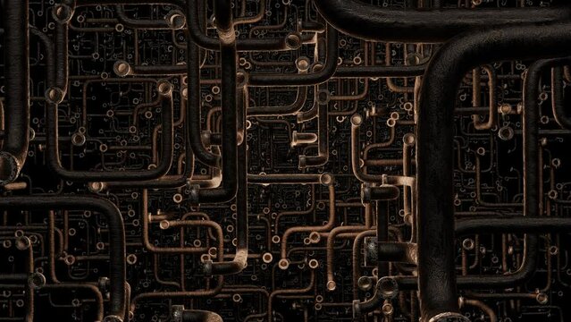 camera movement through rusty metal curved pipes. steampunk concept background. 3d render