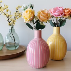 Modern vase, home decor, spring flowers table in bright light room interior, Scandinavian home style