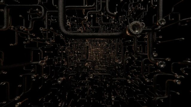 camera movement through rusty metal curved pipes. steampunk concept background. 3d render