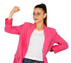 Girl power, young strong sporty fit employee showing biceps muscles on hand. Wearing classic formal pink suite and work glasses. Business woman, lawyer, secretary, teacher, professional. Copy space.