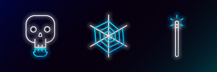 Set line Magic wand, Skull and Spider web icon. Glowing neon. Vector
