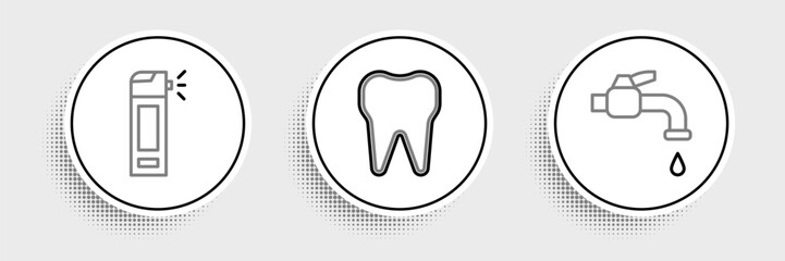 Set line Water tap, Bottle with nozzle spray and Tooth icon. Vector