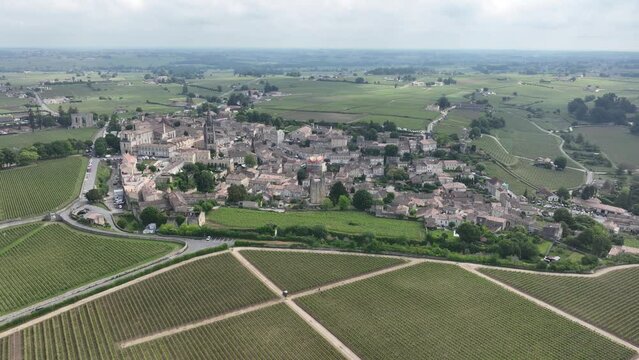 Aerial drone video of Saint- milion in the Nouvelle-Aquitaine region, Gironde department, arrondissement of Libourne, France.