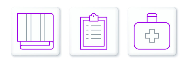 Set line First aid kit, Towel stack and Clipboard with checklist icon. Vector