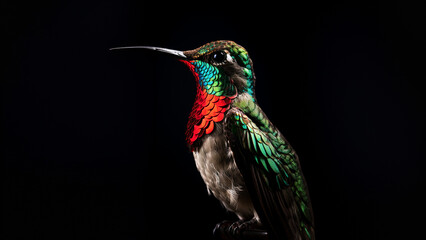 Hübscher Kolibri Vogel Nahaufnahme mit dunklen Hintergrund, ai generativ