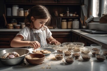 A little girl arranging just prepared cookies. Helping mother to bake. Generative AI