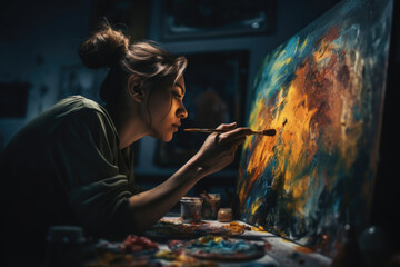 Obraz premium A creative artist young woman painting a vibrant masterpiece on a canvas. The background showcases the artist's studio filled with art supplies and colorful artworks. Generative AI