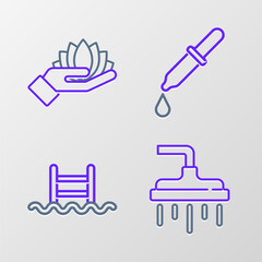 Set line Shower head, Swimming pool with ladder, Pipette and Lotus flower icon. Vector