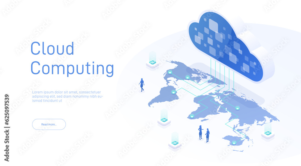 Poster cloud computing isometric concept. from the cloud in world map. web cloud technology business. inter