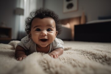A Mixed-race infant laying on his tummy. The background is a soft, textured blanket, capturing the excitement and milestone achievement. Generative AI