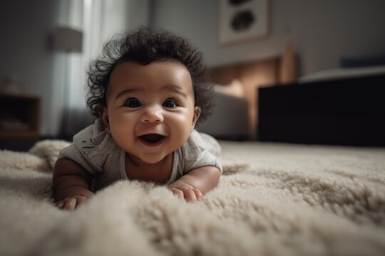 A Mixed-race infant laying on his tummy. The background is a soft, textured blanket, capturing the excitement and milestone achievement. Generative AI