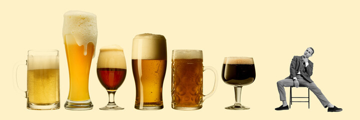 Stylish man in formal wear sitting on chair and choosing what beer taste to drink. Contemporary art collage. Concept of business, office, party, oktoberfest, drink, joy, leisure time, ad. Banner