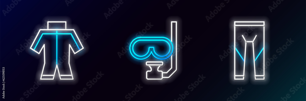 Sticker Set line Wetsuit, and Diving mask and snorkel icon. Glowing neon. Vector