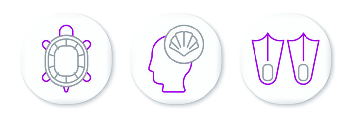 Set line Rubber flippers, Turtle and Scallop sea shell icon. Vector