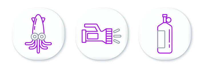 Set line Aqualung, Octopus and Flashlight icon. Vector