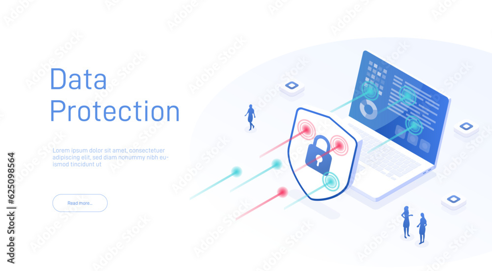 Poster data protection isometric. cyber security technology concept. network data security. safety, confide