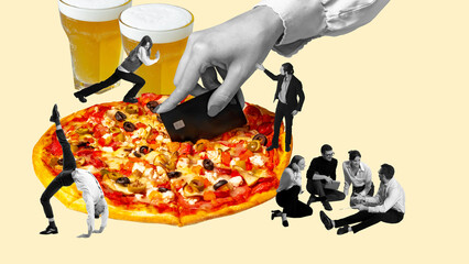 Friday evening meeting with colleagues. Young people, employees eating to drink beer and eat pizza. Contemporary art collage. Concept of business, office, party, oktoberfest, drink, leisure time, ad