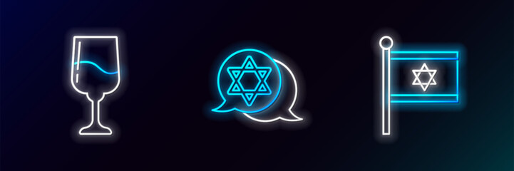 Set line Flag of Israel, Jewish goblet and Star David icon. Glowing neon. Vector