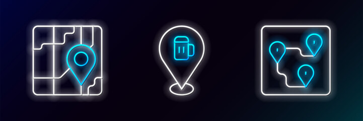 Set line Route location, City map navigation and Alcohol or beer bar icon. Glowing neon. Vector