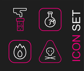 Set line Triangle warning toxic, Fire flame, Cracked flask and Test tube and icon. Vector