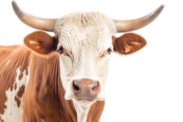 Texas Longhorn Cow Front View Portrait Isolated on White Background. Generative AI
