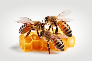 Three Bees and Honey Comb Isolated on Transparent Background. Generative AI