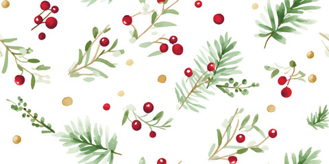 Christmas seamless pattern with confetti of stars, berries and green branches, watercolor holiday print on white background