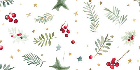 Christmas seamless pattern with confetti of stars, berries and green branches, watercolor holiday print on white background © Eli Berr