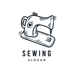 Old vintage sewing machine logo icon hand drawn sketch vector illustration