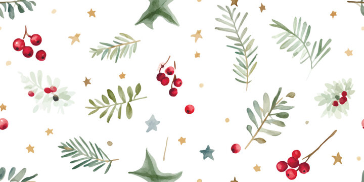Christmas seamless pattern with confetti of stars, berries and green branches, watercolor holiday print on white background