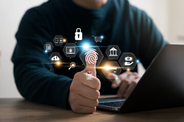 Security of future technology and Cybernetics on the Internet, finger scanning allows access to security and identification of big Data businesses, bank and Cloud Computers.