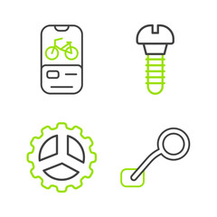 Set line Bicycle rear view mirror, sprocket crank, Metallic screw and rental mobile app icon. Vector