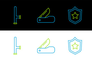 Set line Military reward medal, Police rubber baton and Swiss army knife icon. Vector