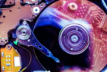 Close-up of the HDD. Data storage. HDD seen from the inside. - 625103394
