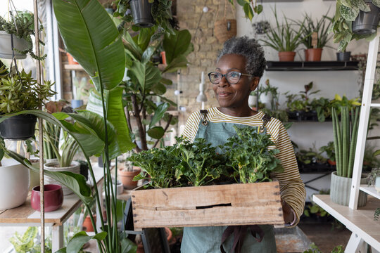 Plant shop owner opening for business and looking down the street