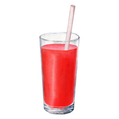 A glass of tomato juice with a straw. Hand drawn watercolor illustration for clip art decor menu label