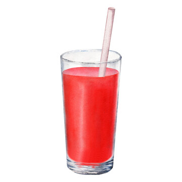 recommend clip art: A glass of tomato juice with a straw. Hand drawn watercolor illustration for clip art decor menu label
