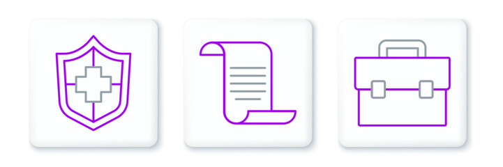 Set line Briefcase, Life insurance with shield and Document icon. Vector
